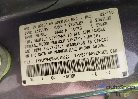 2010 Honda Accord 3.5 Ex-L z USA, uszkodzony, nr VIN 1HGCP3F85AA015422